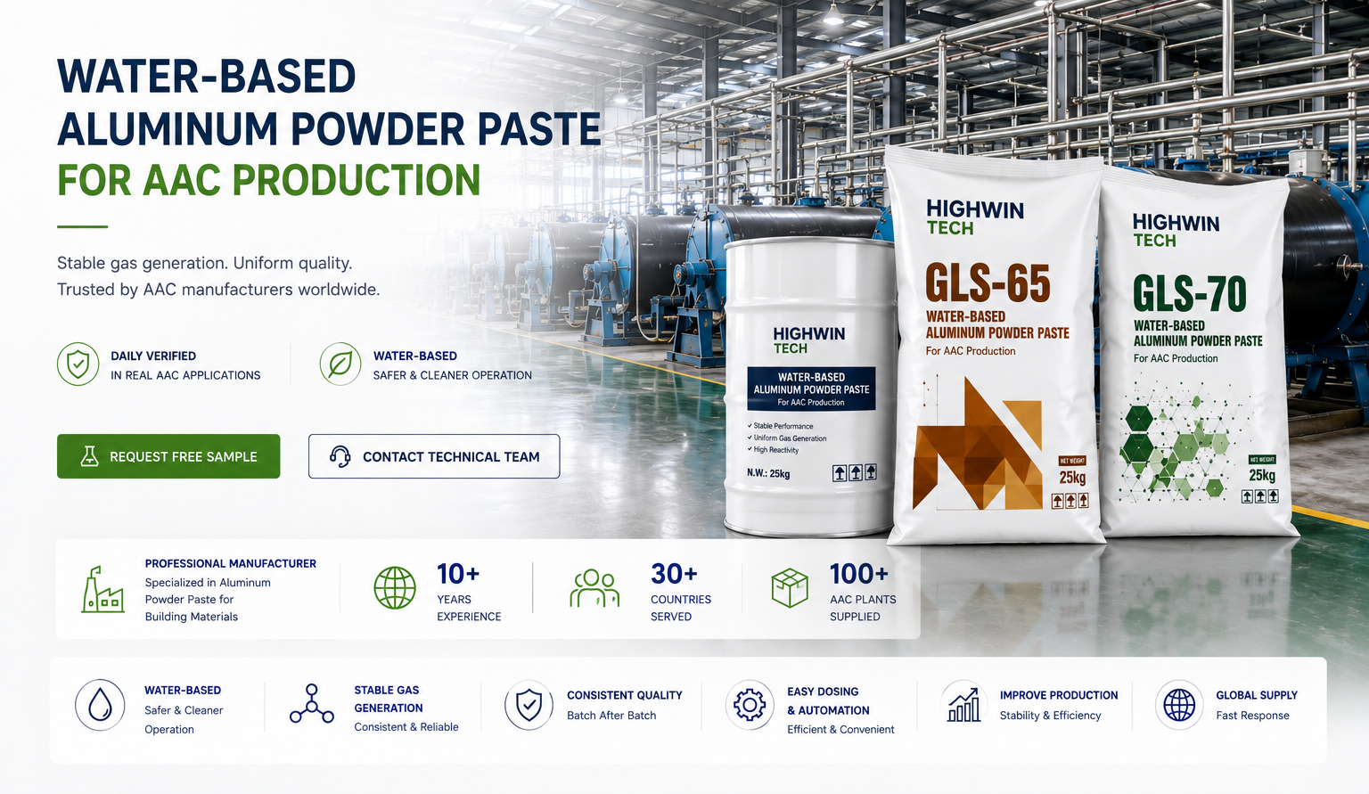 HIGHWIN TECH water-based aluminum powder paste GLS-65 and GLS-70 for AAC production